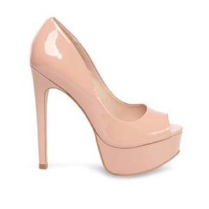 Blush patent leather open toe pumps